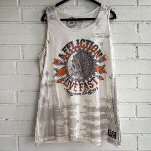 Affliction Skull Biker Graphic Tank Top Distressed Moto Grunge L